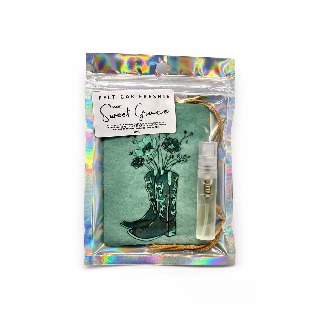 Felt Car Freshie Sweet Grace Scent Western Cowboy Boots Floral Air Freshener Kit - Picture 2 of 3